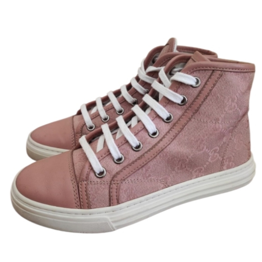 Gucci Rebel High Top GG Sneakers EU 37 US 7 Pink Monogram Canvas Lace Up Cap Toe - Picture 2 of 11